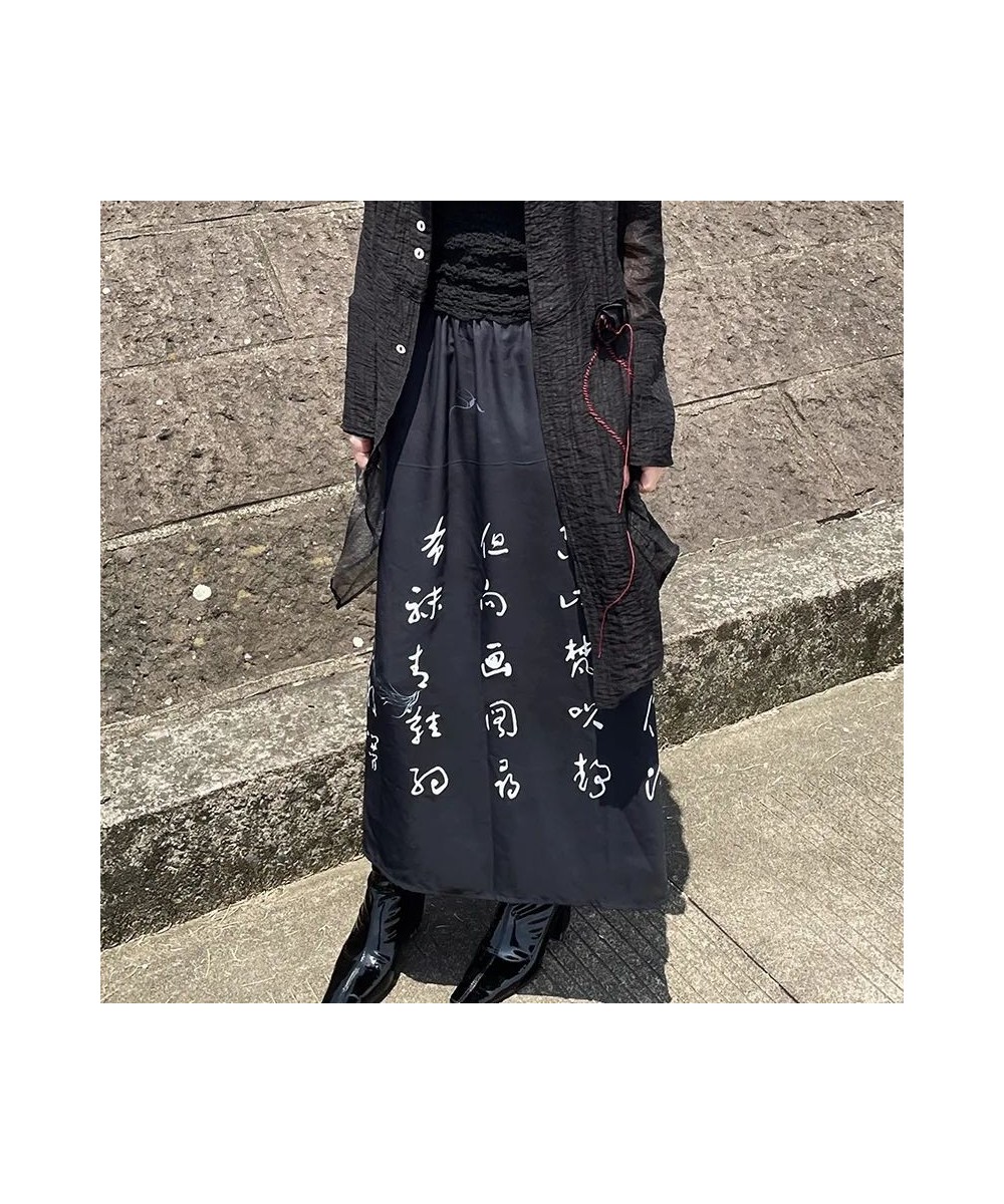 Mori Girl Dark Japanese Punk Design Black Summer Satin Elastic Waist Split High Waist Skirt $28.05 - Skirts