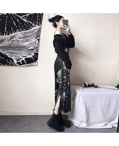 Mori Girl Dark Japanese Punk Design Black Summer Satin Elastic Waist Split High Waist Skirt $28.05 - Skirts