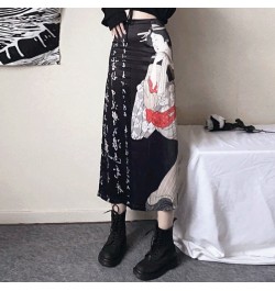 Mori Girl Dark Japanese Punk Design Black Summer Satin Elastic Waist Split High Waist Skirt $28.05 - Skirts