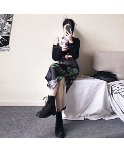 Mori Girl Dark Japanese Punk Design Black Summer Satin Elastic Waist Split High Waist Skirt $28.05 - Skirts