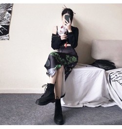 Mori Girl Dark Japanese Punk Design Black Summer Satin Elastic Waist Split High Waist Skirt $28.05 - Skirts