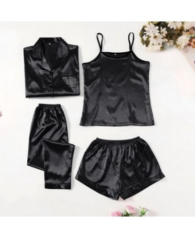 4 Pieces Suit Satin Silk Pajamas Set Without Padded Pyjama Women Matching Sets Sling Shorts Full Sleeve Long Pants Sleepwear ...