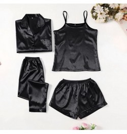 4 Pieces Suit Satin Silk Pajamas Set Without Padded Pyjama Women Matching Sets Sling Shorts Full Sleeve Long Pants Sleepwear ...