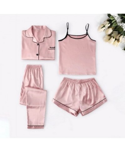 4 Pieces Suit Satin Silk Pajamas Set Without Padded Pyjama Women Matching Sets Sling Shorts Full Sleeve Long Pants Sleepwear ...