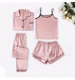 4 Pieces Suit Satin Silk Pajamas Set Without Padded Pyjama Women Matching Sets Sling Shorts Full Sleeve Long Pants Sleepwear ...