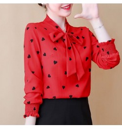 Women's Clothing Commute Elegant Scarf Collar Bow Shirt Fashion Heart-shaped Printed Spring Autumn All-match Loose Blouse 202...