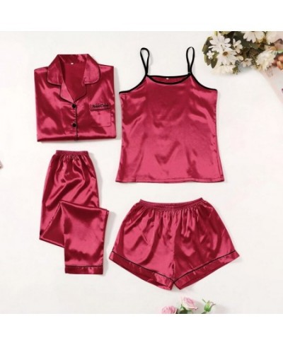 4 Pieces Suit Satin Silk Pajamas Set Without Padded Pyjama Women Matching Sets Sling Shorts Full Sleeve Long Pants Sleepwear ...