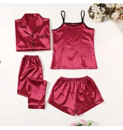 4 Pieces Suit Satin Silk Pajamas Set Without Padded Pyjama Women Matching Sets Sling Shorts Full Sleeve Long Pants Sleepwear ...