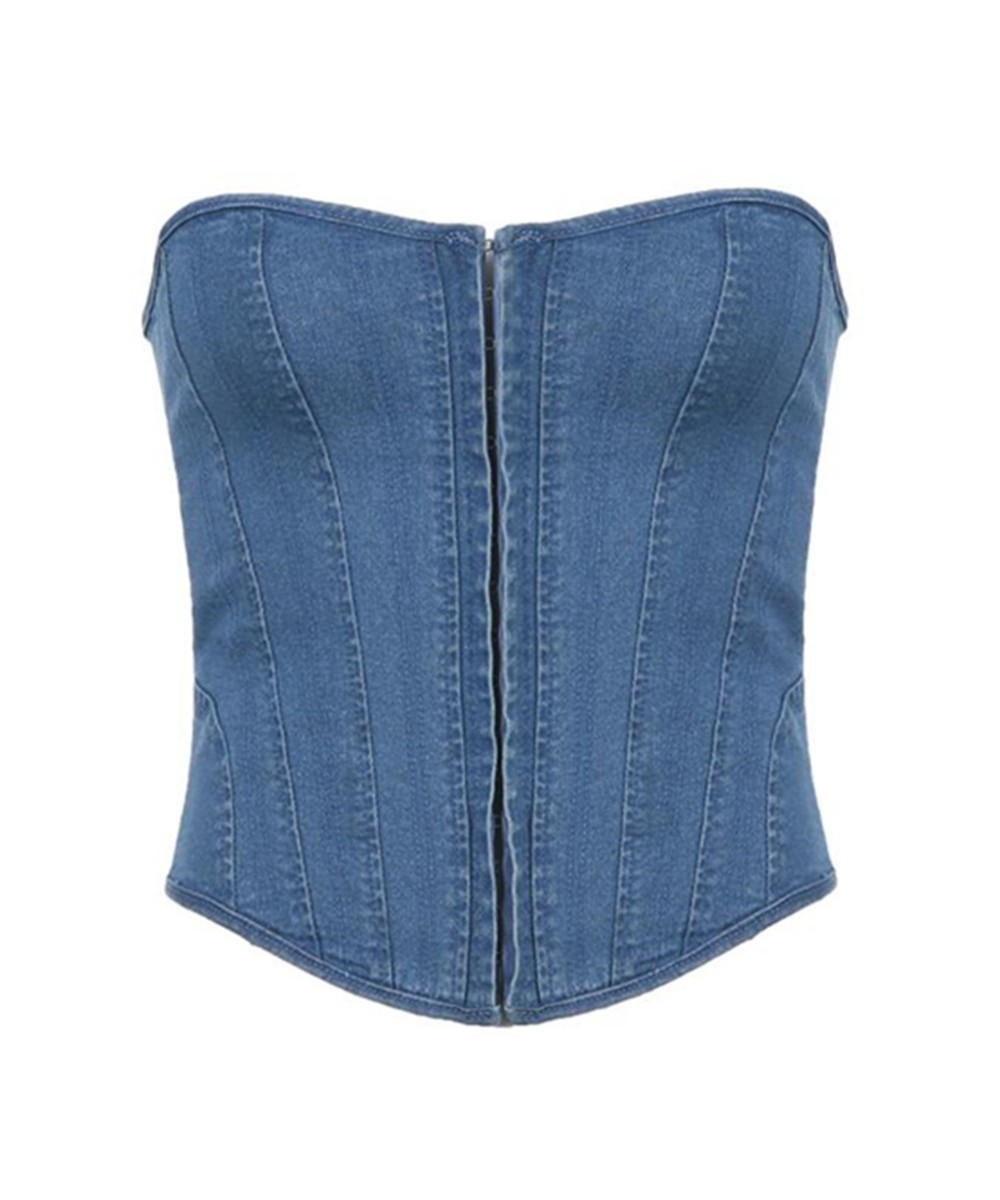 Sexy Y2K Denim Corset Tops Women Vintage Streetwear Chic Bandage Tube Tops Female Summer Blue Clubwear Slim Tank Top $30.95 -...