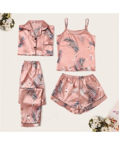 4 Pieces Suit Satin Silk Pajamas Set Without Padded Pyjama Women Matching Sets Sling Shorts Full Sleeve Long Pants Sleepwear ...