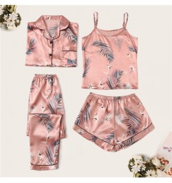 4 Pieces Suit Satin Silk Pajamas Set Without Padded Pyjama Women Matching Sets Sling Shorts Full Sleeve Long Pants Sleepwear ...