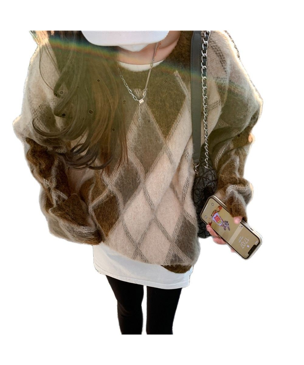 Retro Sweaters Women Soft Argyle Chic Loose Winter Casual 2023 New Warm Knitted Office Lady High Street Pullovers $54.98 - Sw...