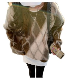 Retro Sweaters Women Soft Argyle Chic Loose Winter Casual 2023 New Warm Knitted Office Lady High Street Pullovers $54.98 - Sw...