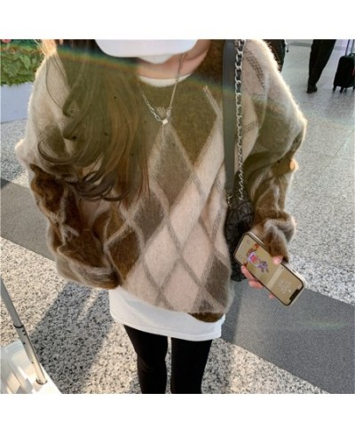 Retro Sweaters Women Soft Argyle Chic Loose Winter Casual 2023 New Warm Knitted Office Lady High Street Pullovers $54.98 - Sw...