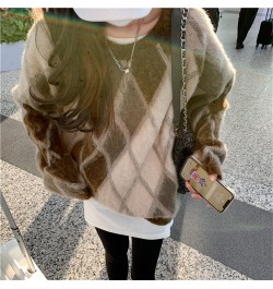 Retro Sweaters Women Soft Argyle Chic Loose Winter Casual 2023 New Warm Knitted Office Lady High Street Pullovers $54.98 - Sw...