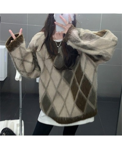 Retro Sweaters Women Soft Argyle Chic Loose Winter Casual 2023 New Warm Knitted Office Lady High Street Pullovers $54.98 - Sw...