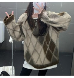 Retro Sweaters Women Soft Argyle Chic Loose Winter Casual 2023 New Warm Knitted Office Lady High Street Pullovers $54.98 - Sw...