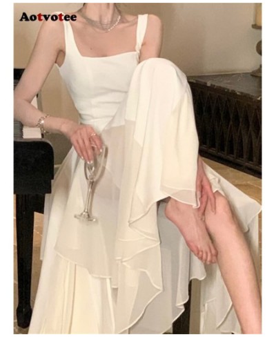 Ruffle Midi Dress for Women 2023 Fashion Fairycore Spaghetti Strap White Dress Chic Elegant Casual Slim Summer Dress $66.63 -...