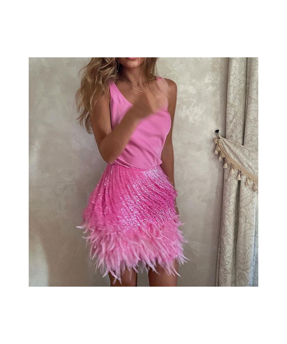 2022 Sexy Fringe Feather Vest Skirt Set Women Solid Tank Sheath Hip Package Mini Skirts Female Party Club Tassel Outfits $47....