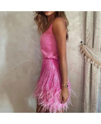 2022 Sexy Fringe Feather Vest Skirt Set Women Solid Tank Sheath Hip Package Mini Skirts Female Party Club Tassel Outfits $47....