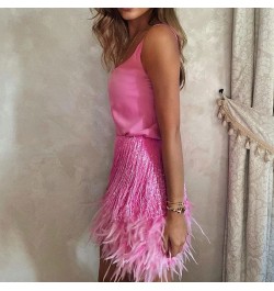 2022 Sexy Fringe Feather Vest Skirt Set Women Solid Tank Sheath Hip Package Mini Skirts Female Party Club Tassel Outfits $47....