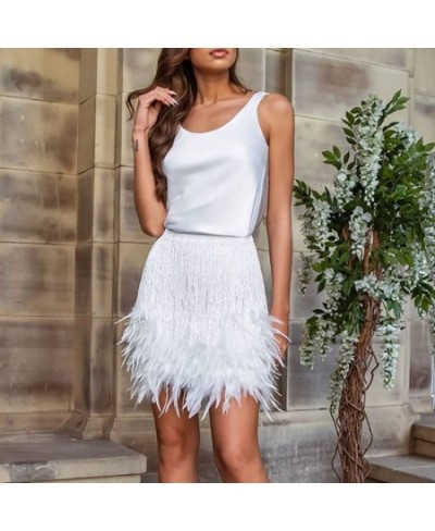 2022 Sexy Fringe Feather Vest Skirt Set Women Solid Tank Sheath Hip Package Mini Skirts Female Party Club Tassel Outfits $47....