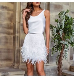 2022 Sexy Fringe Feather Vest Skirt Set Women Solid Tank Sheath Hip Package Mini Skirts Female Party Club Tassel Outfits $47....