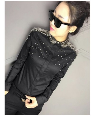 Beading Blouse 2023 Autumn Women Vintage Pearl Lapel Solid Color Long Sleeve Tops Lady Work Wear Office Slim Female Cotton $4...