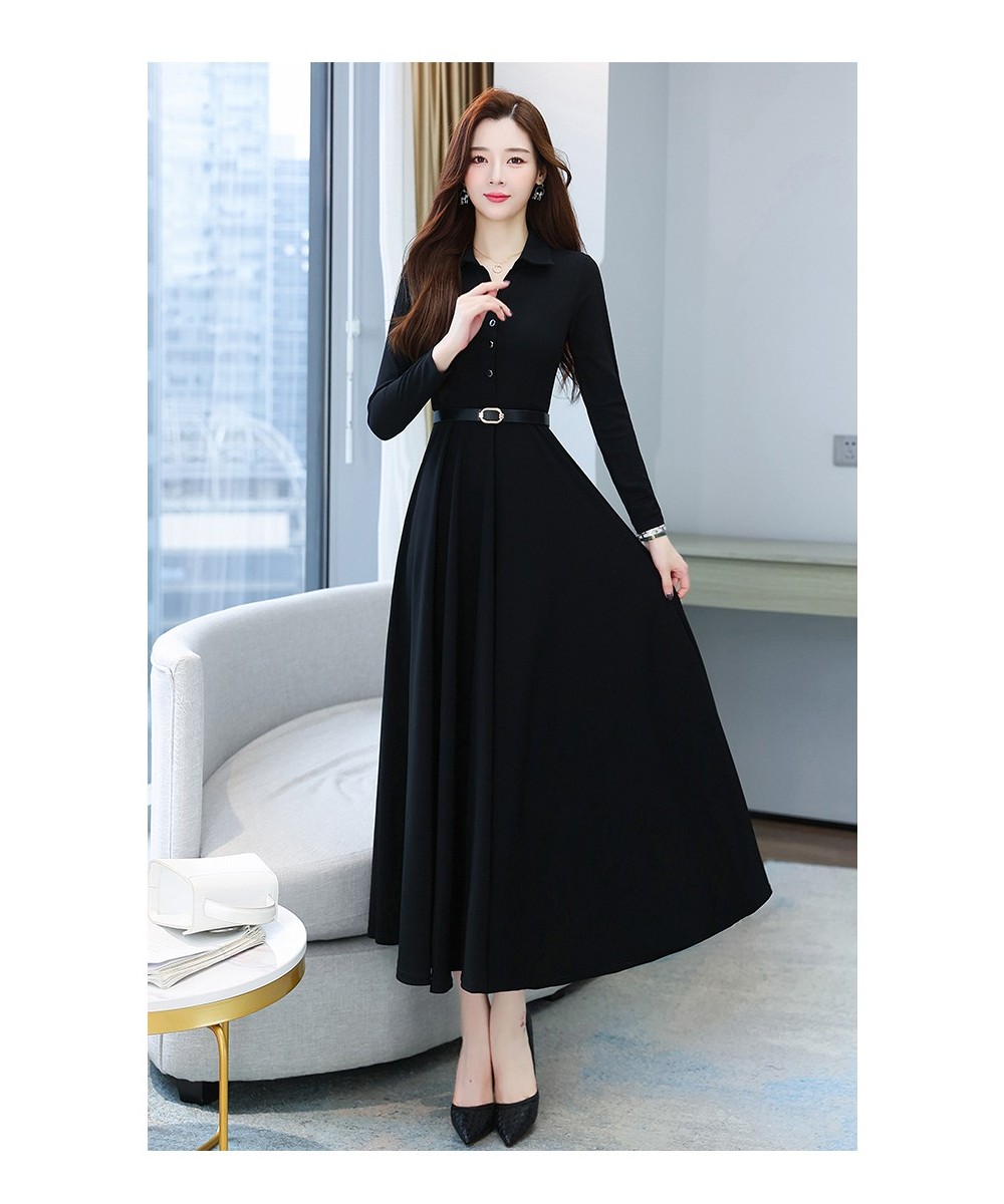 2022 Autumn High Quality Turn-down Collar Solid Color M-4XL Long Sleeve Women Long Dress With Belt $48.69 - Dresses