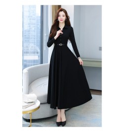 2022 Autumn High Quality Turn-down Collar Solid Color M-4XL Long Sleeve Women Long Dress With Belt $48.69 - Dresses