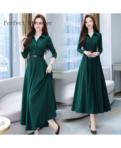 2022 Autumn High Quality Turn-down Collar Solid Color M-4XL Long Sleeve Women Long Dress With Belt $48.69 - Dresses