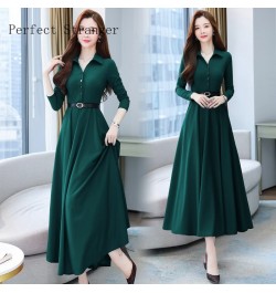 2022 Autumn High Quality Turn-down Collar Solid Color M-4XL Long Sleeve Women Long Dress With Belt $48.69 - Dresses