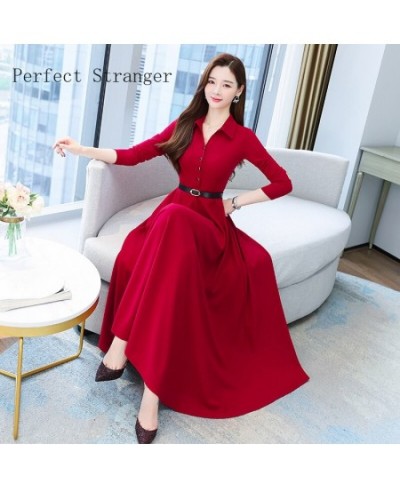 2022 Autumn High Quality Turn-down Collar Solid Color M-4XL Long Sleeve Women Long Dress With Belt $48.69 - Dresses