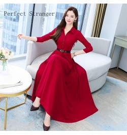 2022 Autumn High Quality Turn-down Collar Solid Color M-4XL Long Sleeve Women Long Dress With Belt $48.69 - Dresses