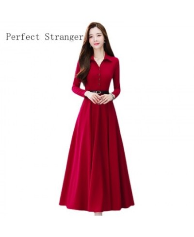 2022 Autumn High Quality Turn-down Collar Solid Color M-4XL Long Sleeve Women Long Dress With Belt $48.69 - Dresses