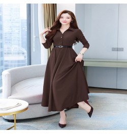 2022 Autumn High Quality Turn-down Collar Solid Color M-4XL Long Sleeve Women Long Dress With Belt $48.69 - Dresses