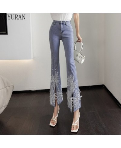 2022 Spring Flower Embroidery Beading Flare Jeans Women Fashion Slit Blue High Waist Slimming Ankle-Length Denim Pants Woman ...