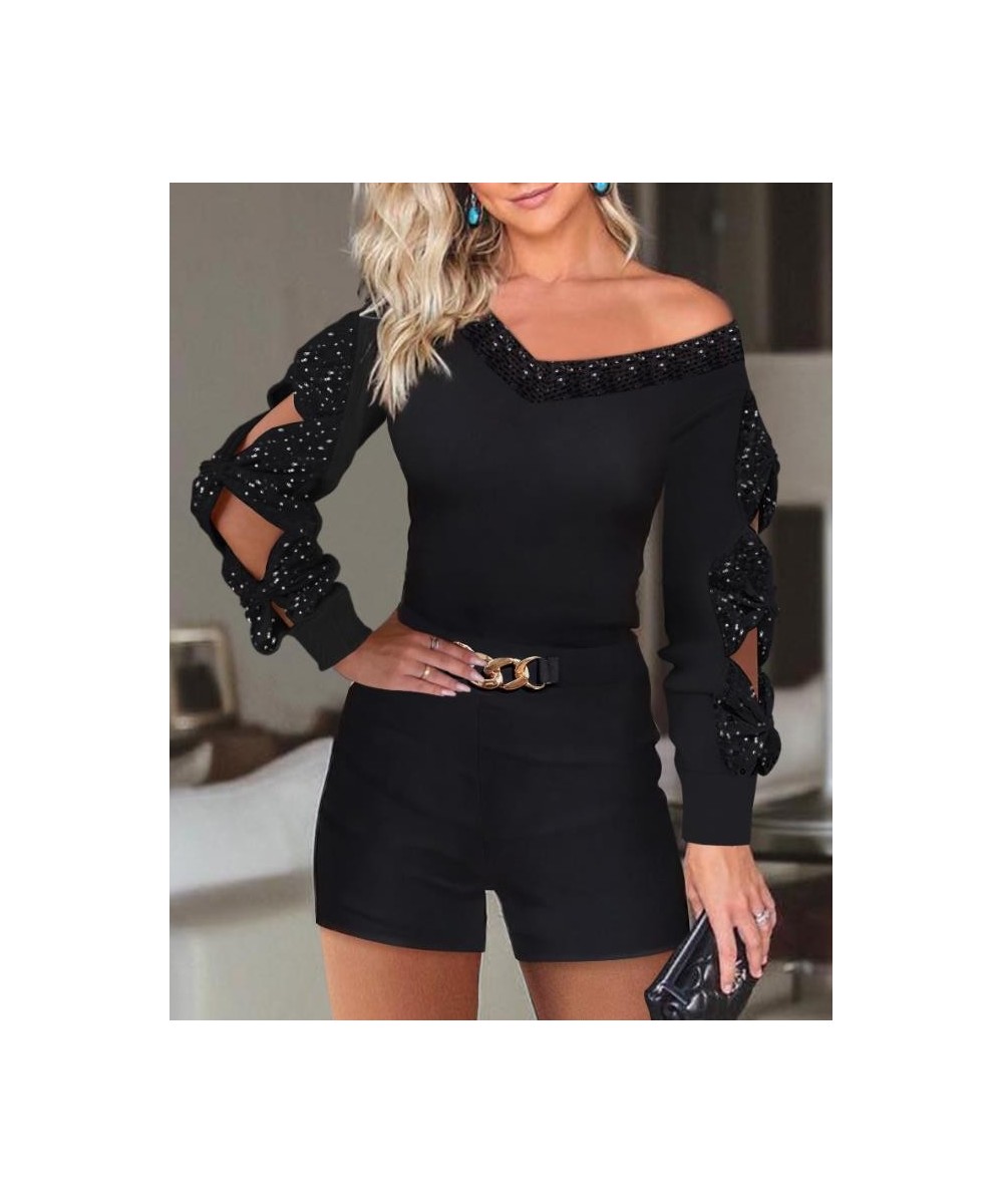 Women Two Piece Outfits 2022 Autumn Chic Contrast Sequin Cutout V-Neck Long Sleeve Top & Fashion Chain Decor Shorts Set $40.2...