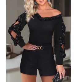 Women Two Piece Outfits 2022 Autumn Chic Contrast Sequin Cutout V-Neck Long Sleeve Top & Fashion Chain Decor Shorts Set $40.2...