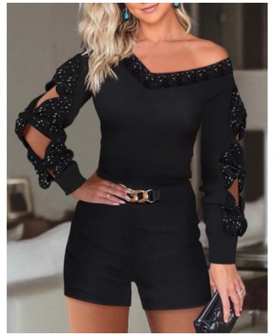 Women Two Piece Outfits 2022 Autumn Chic Contrast Sequin Cutout V-Neck Long Sleeve Top & Fashion Chain Decor Shorts Set $40.2...