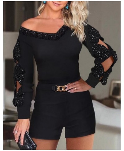 Women Two Piece Outfits 2022 Autumn Chic Contrast Sequin Cutout V-Neck Long Sleeve Top & Fashion Chain Decor Shorts Set $40.2...