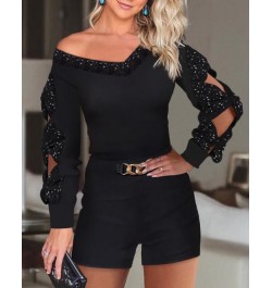 Women Two Piece Outfits 2022 Autumn Chic Contrast Sequin Cutout V-Neck Long Sleeve Top & Fashion Chain Decor Shorts Set $40.2...