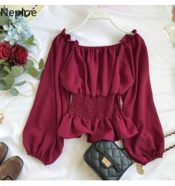 Neploe Elegant Ruffles Slash Neck Strapless Shoulder Blusas Slim Waist Lantern Long Sleeve Slim Blouse Autumn Sexy Shirt 4699...