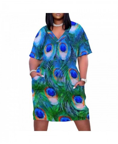 Peacock Feathers Dress V Neck Colorful Print Vintage Dresses Woman Street Wear Design Casual Dress With Pockets Plus Size 5XL...
