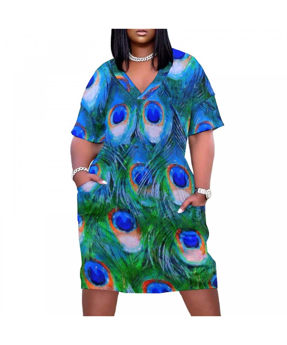 Peacock Feathers Dress V Neck Colorful Print Vintage Dresses Woman Street Wear Design Casual Dress With Pockets Plus Size 5XL...