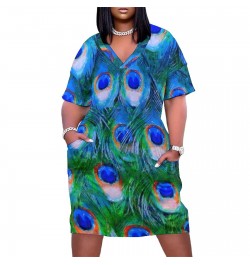 Peacock Feathers Dress V Neck Colorful Print Vintage Dresses Woman Street Wear Design Casual Dress With Pockets Plus Size 5XL...