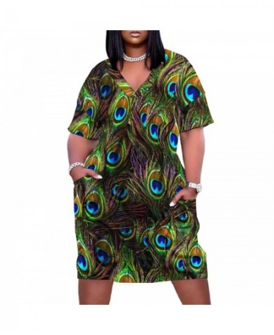 Peacock Feathers Dress V Neck Colorful Print Vintage Dresses Woman Street Wear Design Casual Dress With Pockets Plus Size 5XL...