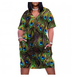 Peacock Feathers Dress V Neck Colorful Print Vintage Dresses Woman Street Wear Design Casual Dress With Pockets Plus Size 5XL...