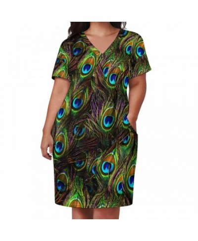 Peacock Feathers Dress V Neck Colorful Print Vintage Dresses Woman Street Wear Design Casual Dress With Pockets Plus Size 5XL...