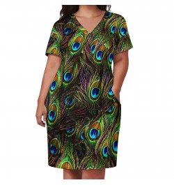 Peacock Feathers Dress V Neck Colorful Print Vintage Dresses Woman Street Wear Design Casual Dress With Pockets Plus Size 5XL...